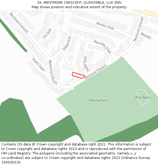 34, MENTMORE CRESCENT, DUNSTABLE, LU6 3NN: Location map and indicative extent of plot