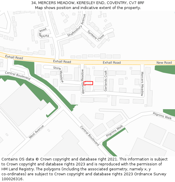 34, MERCERS MEADOW, KERESLEY END, COVENTRY, CV7 8RF: Location map and indicative extent of plot