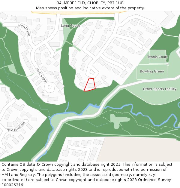 34, MEREFIELD, CHORLEY, PR7 1UR: Location map and indicative extent of plot