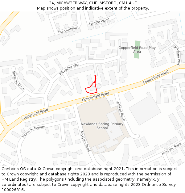 34, MICAWBER WAY, CHELMSFORD, CM1 4UE: Location map and indicative extent of plot