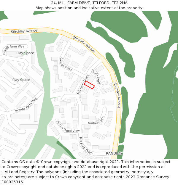 34, MILL FARM DRIVE, TELFORD, TF3 2NA: Location map and indicative extent of plot
