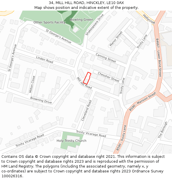 34, MILL HILL ROAD, HINCKLEY, LE10 0AX: Location map and indicative extent of plot