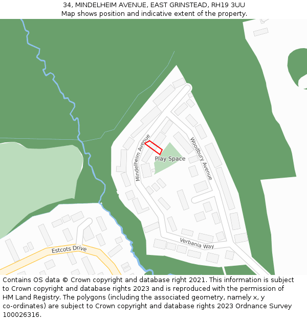 34, MINDELHEIM AVENUE, EAST GRINSTEAD, RH19 3UU: Location map and indicative extent of plot