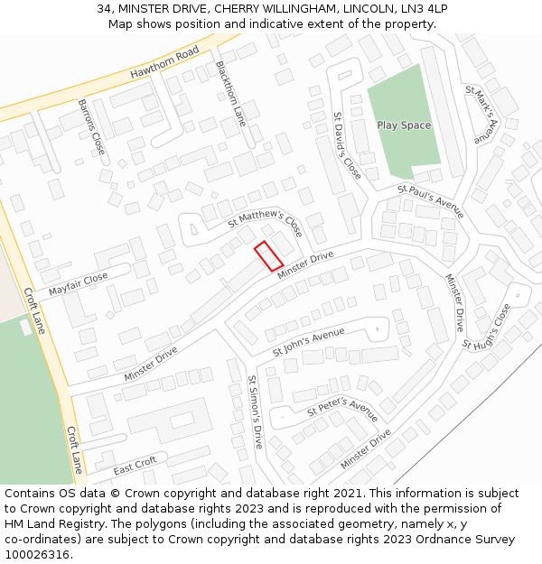 34, MINSTER DRIVE, CHERRY WILLINGHAM, LINCOLN, LN3 4LP: Location map and indicative extent of plot