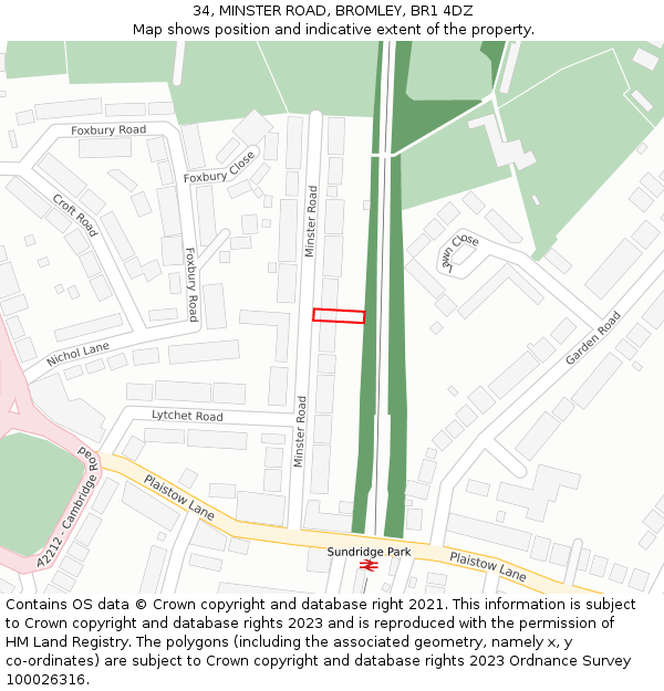 34, MINSTER ROAD, BROMLEY, BR1 4DZ: Location map and indicative extent of plot