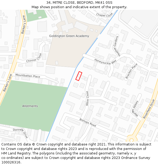 34, MITRE CLOSE, BEDFORD, MK41 0SS: Location map and indicative extent of plot