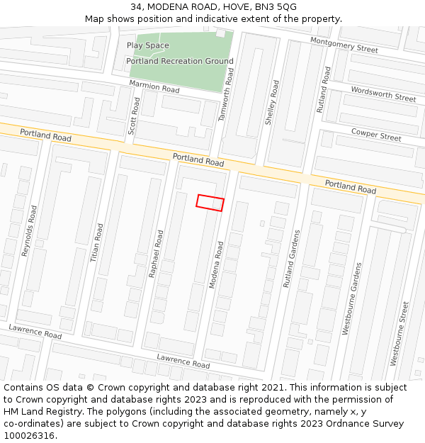34, MODENA ROAD, HOVE, BN3 5QG: Location map and indicative extent of plot