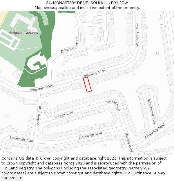 34, MONASTERY DRIVE, SOLIHULL, B91 1DW: Location map and indicative extent of plot