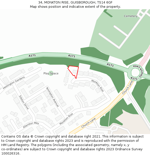 34, MONKTON RISE, GUISBOROUGH, TS14 6GF: Location map and indicative extent of plot