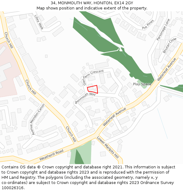 34, MONMOUTH WAY, HONITON, EX14 2GY: Location map and indicative extent of plot