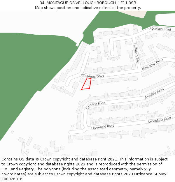 34, MONTAGUE DRIVE, LOUGHBOROUGH, LE11 3SB: Location map and indicative extent of plot
