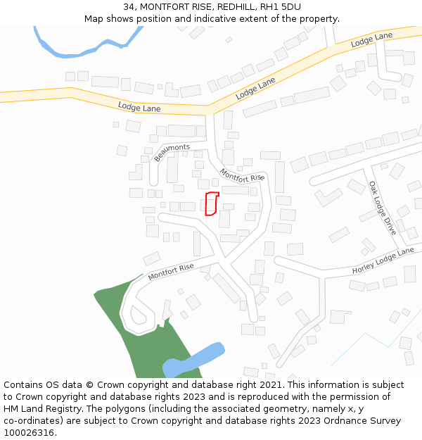 34, MONTFORT RISE, REDHILL, RH1 5DU: Location map and indicative extent of plot