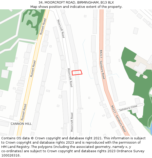 34, MOORCROFT ROAD, BIRMINGHAM, B13 8LX: Location map and indicative extent of plot