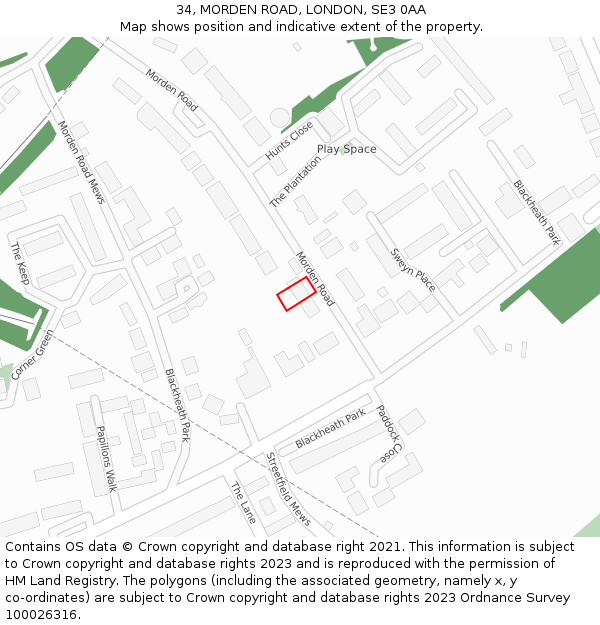 34, MORDEN ROAD, LONDON, SE3 0AA: Location map and indicative extent of plot