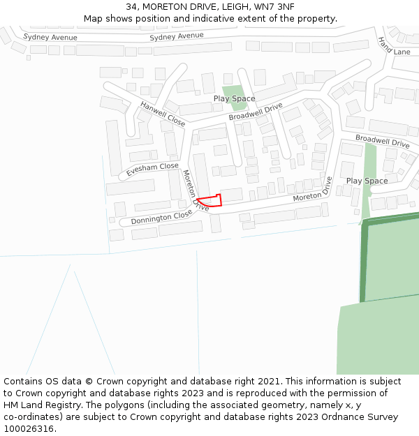 34, MORETON DRIVE, LEIGH, WN7 3NF: Location map and indicative extent of plot