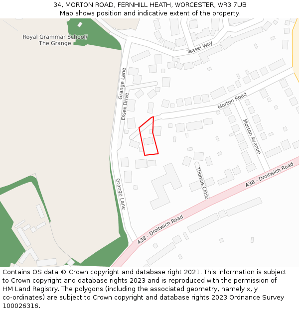 34, MORTON ROAD, FERNHILL HEATH, WORCESTER, WR3 7UB: Location map and indicative extent of plot
