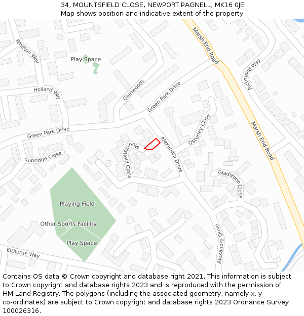 34, MOUNTSFIELD CLOSE, NEWPORT PAGNELL, MK16 0JE: Location map and indicative extent of plot