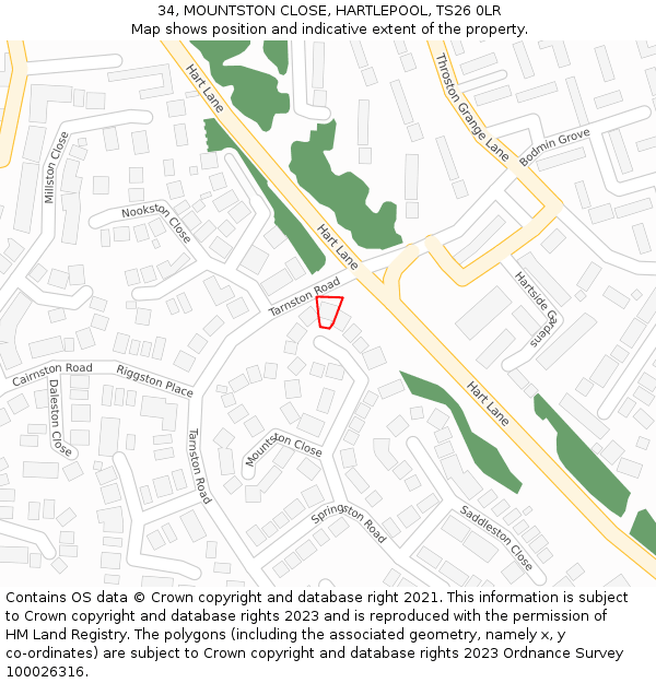 34, MOUNTSTON CLOSE, HARTLEPOOL, TS26 0LR: Location map and indicative extent of plot