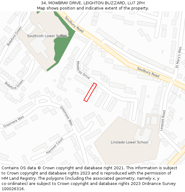 34, MOWBRAY DRIVE, LEIGHTON BUZZARD, LU7 2PH: Location map and indicative extent of plot