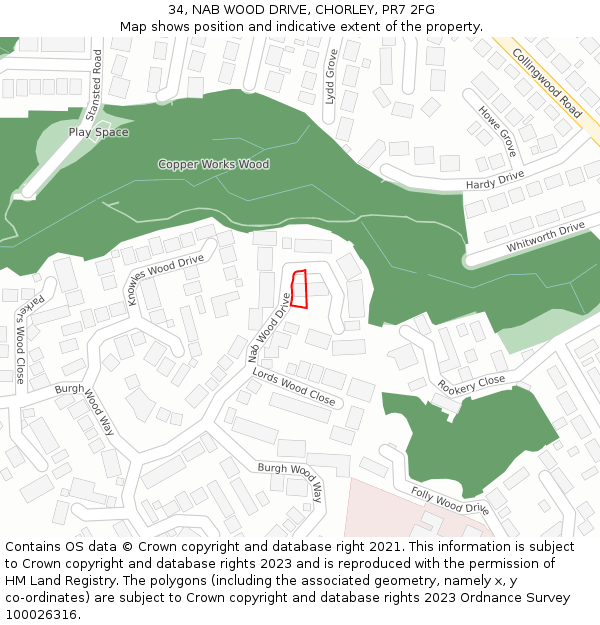 34, NAB WOOD DRIVE, CHORLEY, PR7 2FG: Location map and indicative extent of plot