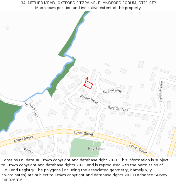 34, NETHER MEAD, OKEFORD FITZPAINE, BLANDFORD FORUM, DT11 0TP: Location map and indicative extent of plot
