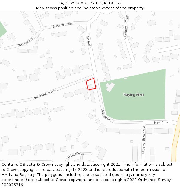 34, NEW ROAD, ESHER, KT10 9NU: Location map and indicative extent of plot
