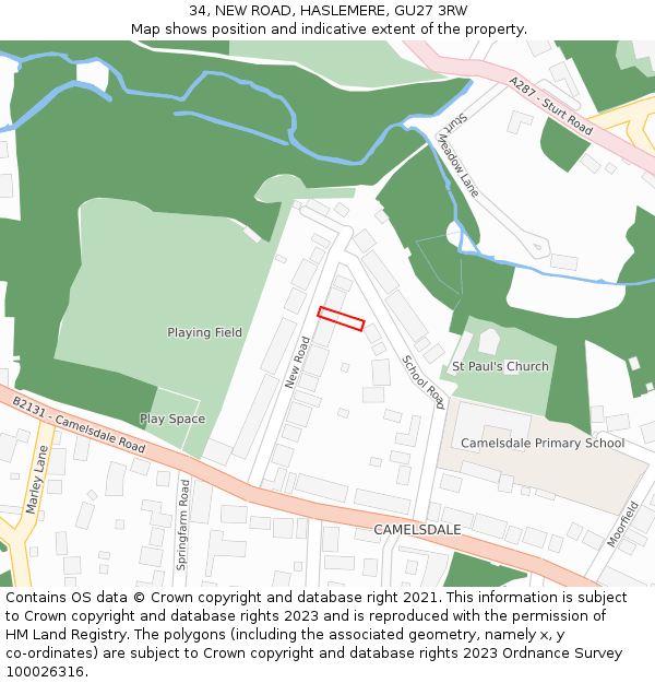 34, NEW ROAD, HASLEMERE, GU27 3RW: Location map and indicative extent of plot