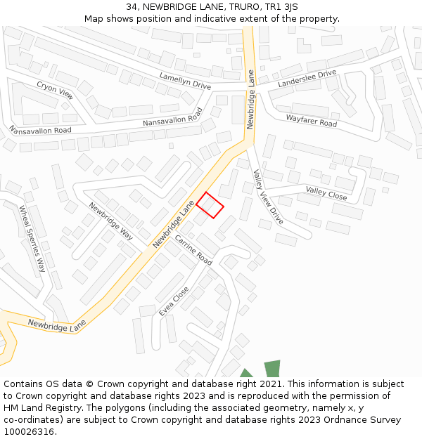 34, NEWBRIDGE LANE, TRURO, TR1 3JS: Location map and indicative extent of plot