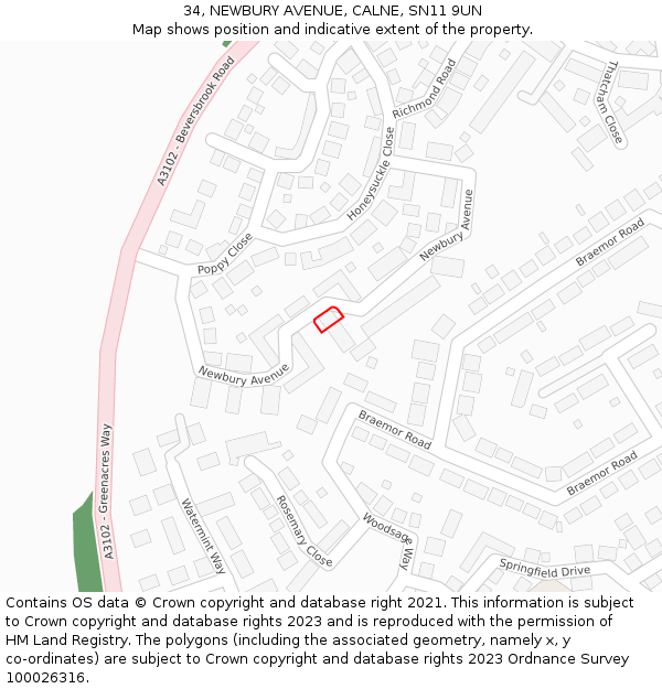 34, NEWBURY AVENUE, CALNE, SN11 9UN: Location map and indicative extent of plot