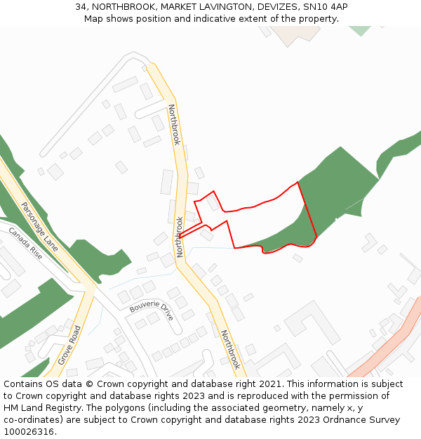 34, NORTHBROOK, MARKET LAVINGTON, DEVIZES, SN10 4AP: Location map and indicative extent of plot