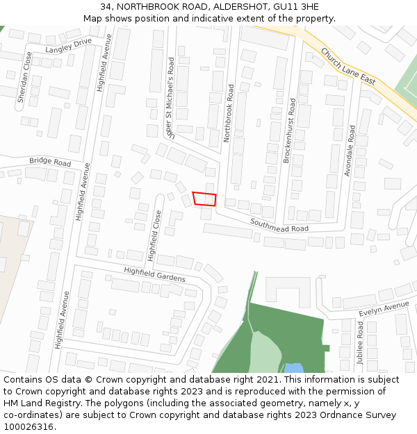 34, NORTHBROOK ROAD, ALDERSHOT, GU11 3HE: Location map and indicative extent of plot