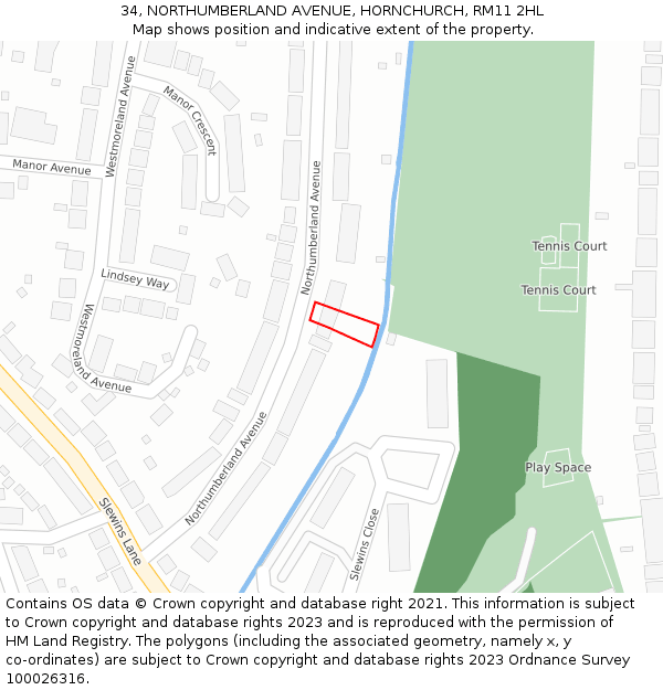 34, NORTHUMBERLAND AVENUE, HORNCHURCH, RM11 2HL: Location map and indicative extent of plot