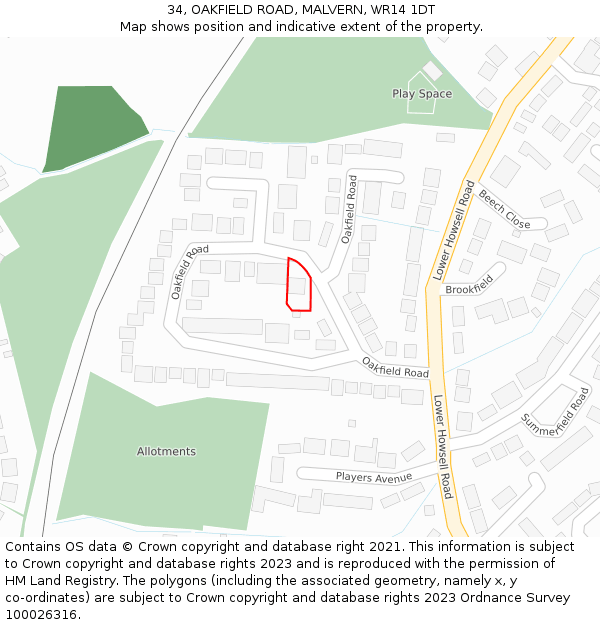 34, OAKFIELD ROAD, MALVERN, WR14 1DT: Location map and indicative extent of plot