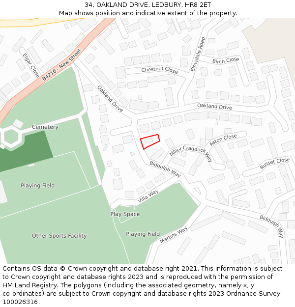 34, OAKLAND DRIVE, LEDBURY, HR8 2ET: Location map and indicative extent of plot