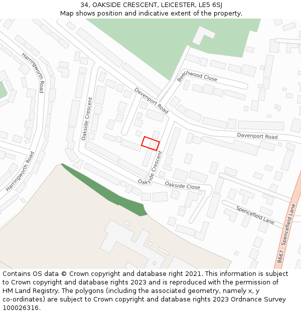 34, OAKSIDE CRESCENT, LEICESTER, LE5 6SJ: Location map and indicative extent of plot