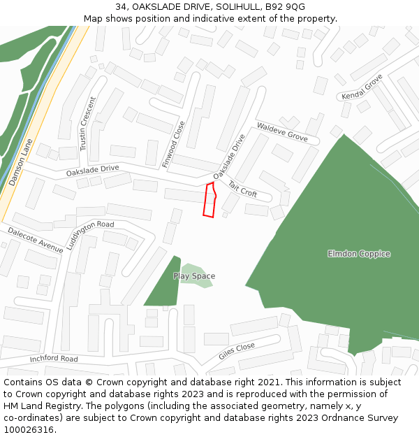 34, OAKSLADE DRIVE, SOLIHULL, B92 9QG: Location map and indicative extent of plot