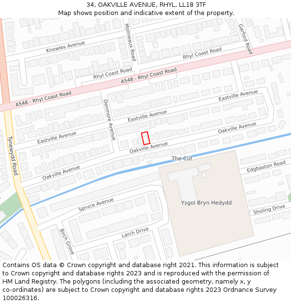 34, OAKVILLE AVENUE, RHYL, LL18 3TF: Location map and indicative extent of plot