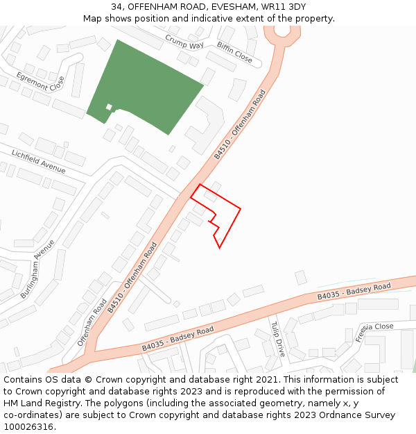 34, OFFENHAM ROAD, EVESHAM, WR11 3DY: Location map and indicative extent of plot