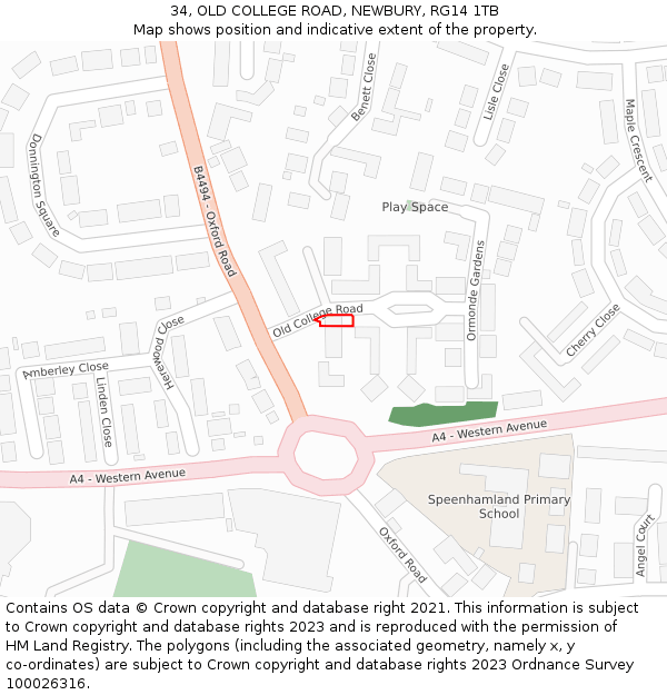 34, OLD COLLEGE ROAD, NEWBURY, RG14 1TB: Location map and indicative extent of plot