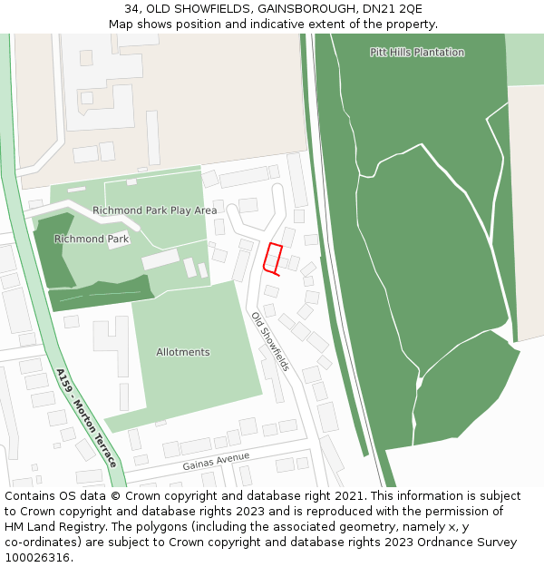 34, OLD SHOWFIELDS, GAINSBOROUGH, DN21 2QE: Location map and indicative extent of plot