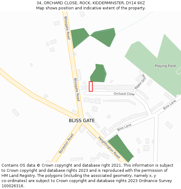 34, ORCHARD CLOSE, ROCK, KIDDERMINSTER, DY14 9XZ: Location map and indicative extent of plot