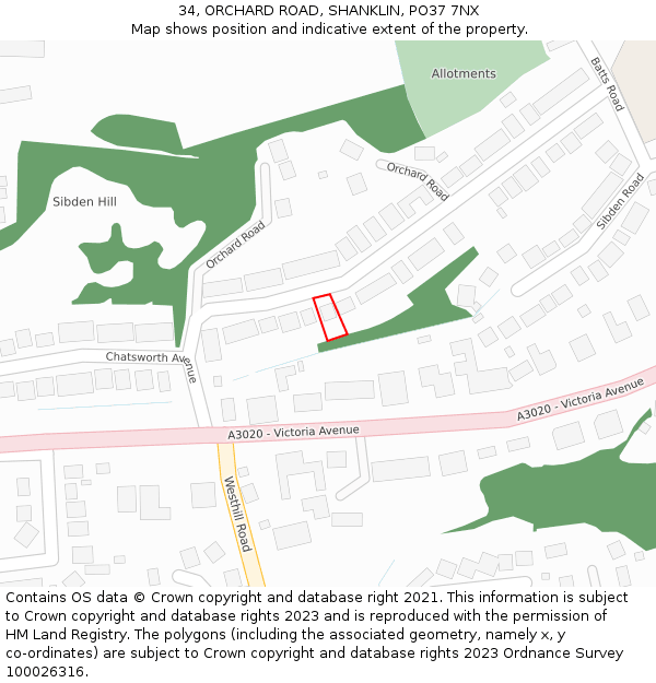 34, ORCHARD ROAD, SHANKLIN, PO37 7NX: Location map and indicative extent of plot