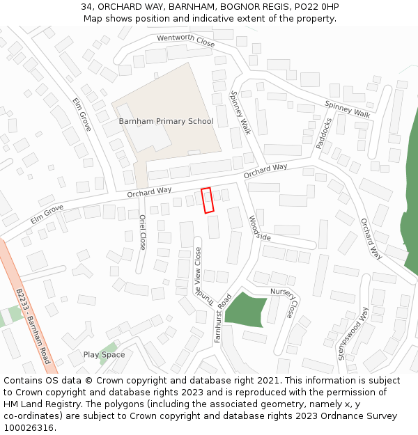 34, ORCHARD WAY, BARNHAM, BOGNOR REGIS, PO22 0HP: Location map and indicative extent of plot