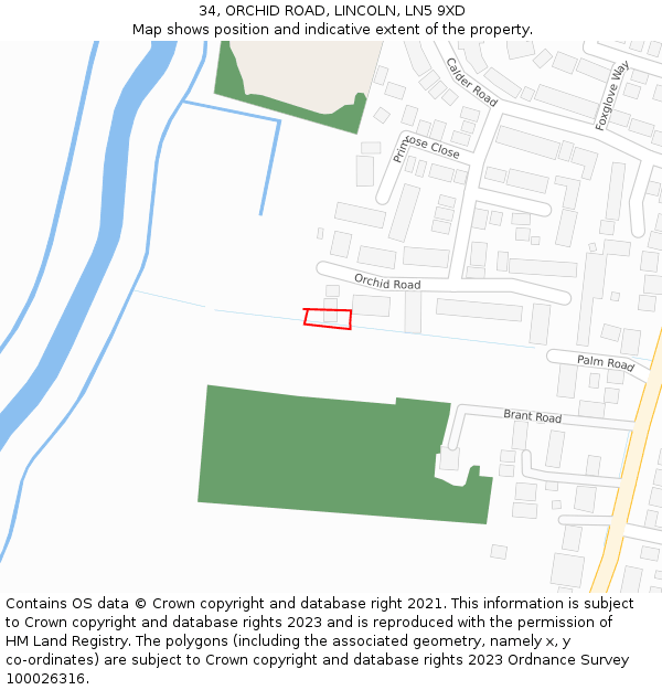 34, ORCHID ROAD, LINCOLN, LN5 9XD: Location map and indicative extent of plot