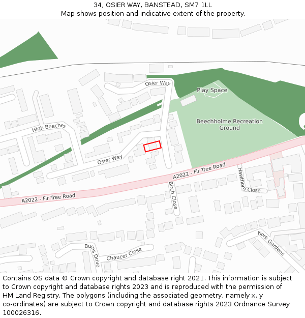 34, OSIER WAY, BANSTEAD, SM7 1LL: Location map and indicative extent of plot