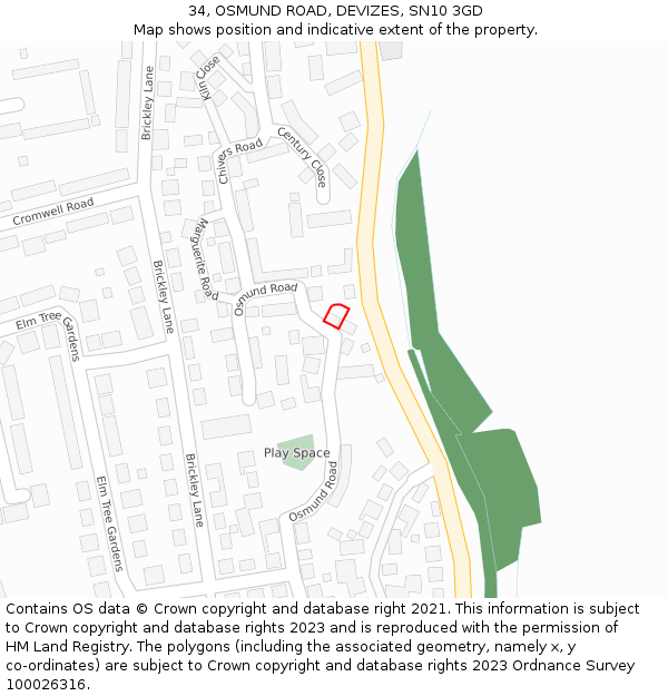 34, OSMUND ROAD, DEVIZES, SN10 3GD: Location map and indicative extent of plot