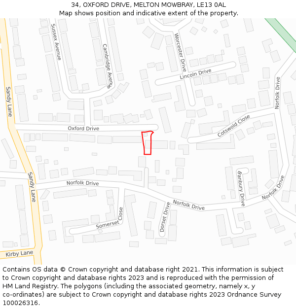 34, OXFORD DRIVE, MELTON MOWBRAY, LE13 0AL: Location map and indicative extent of plot