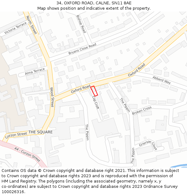 34, OXFORD ROAD, CALNE, SN11 8AE: Location map and indicative extent of plot