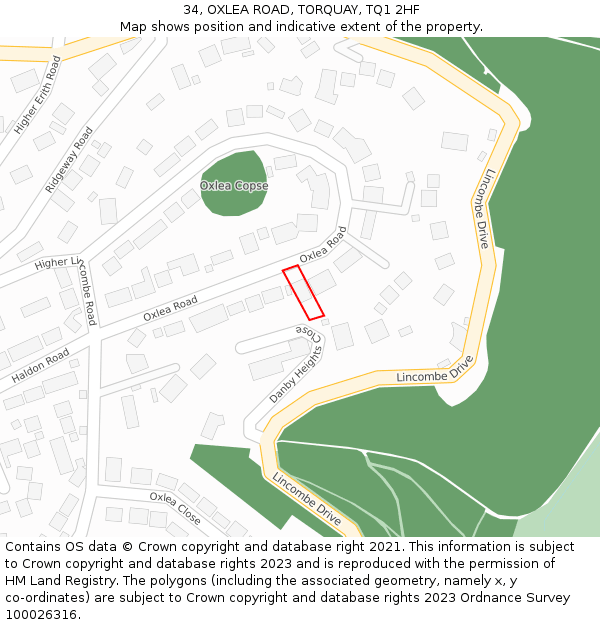 34, OXLEA ROAD, TORQUAY, TQ1 2HF: Location map and indicative extent of plot