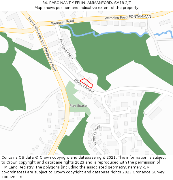 34, PARC NANT Y FELIN, AMMANFORD, SA18 2JZ: Location map and indicative extent of plot